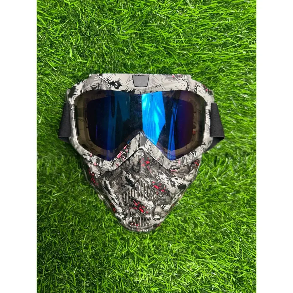 Motorcycle ATV Goggles w/ Detachable Face Mask Wolf Print Blue Mirror Lens